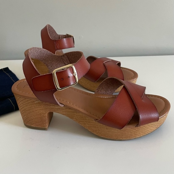Shoes - Faux leather wood clog sandal heels buckle ankle cross woven straps open toe